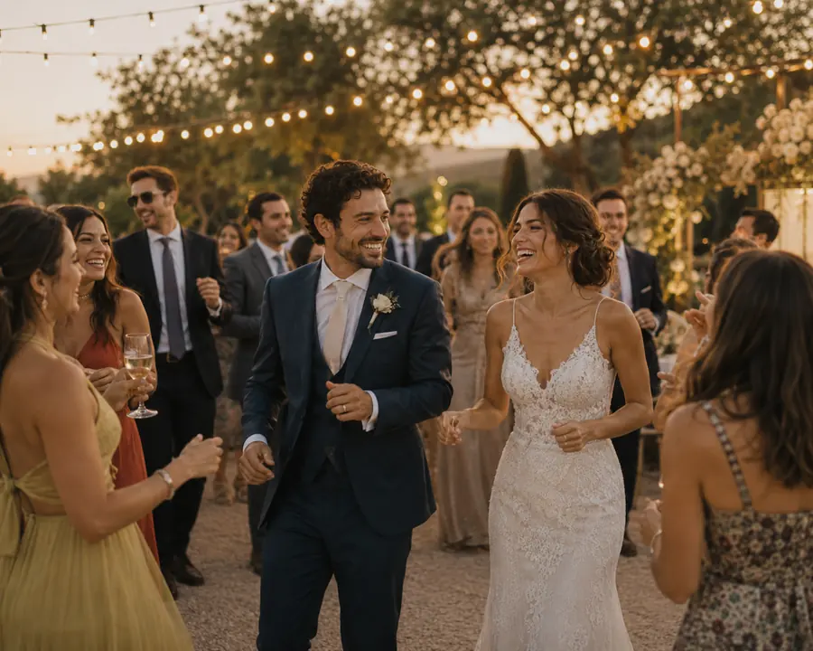 Casal sorrindo entre convidados em uma festa de casamento.