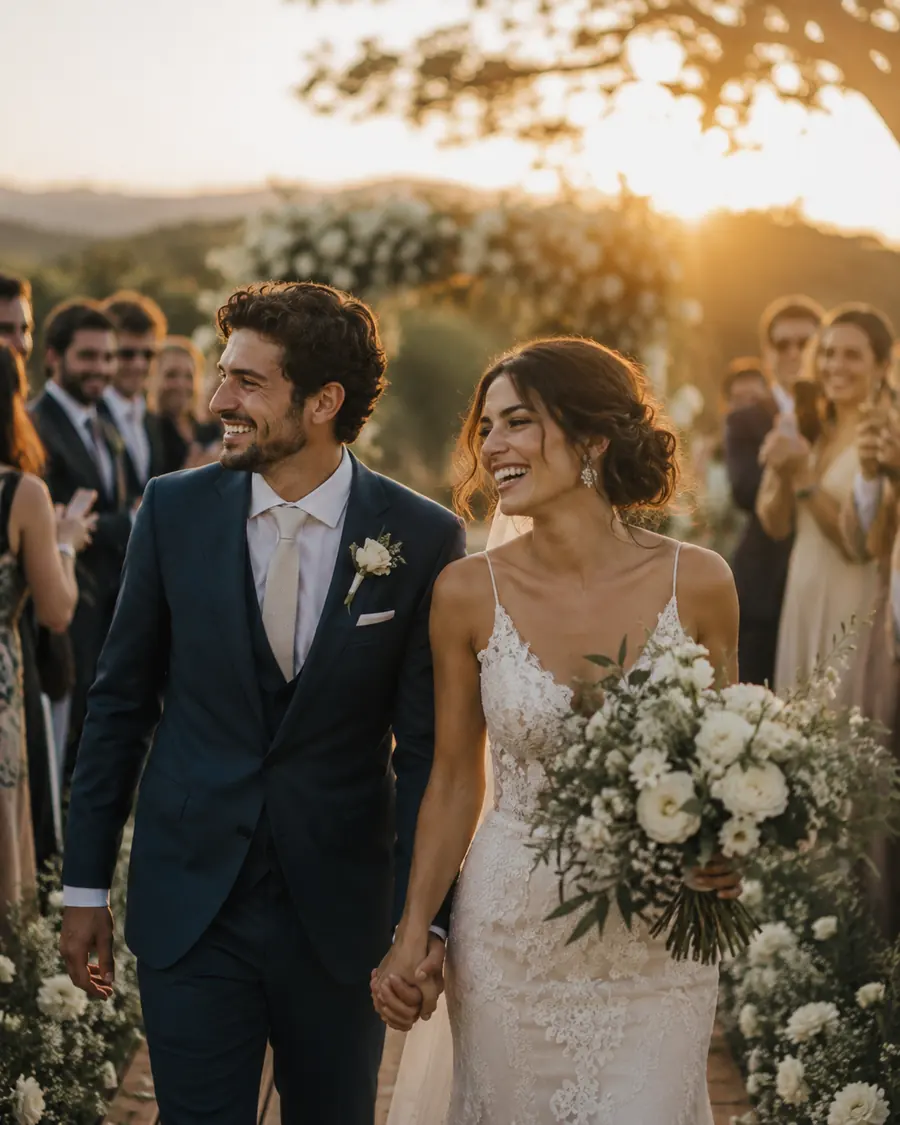 Casal caminhando na cerimônia ao pôr do sol.