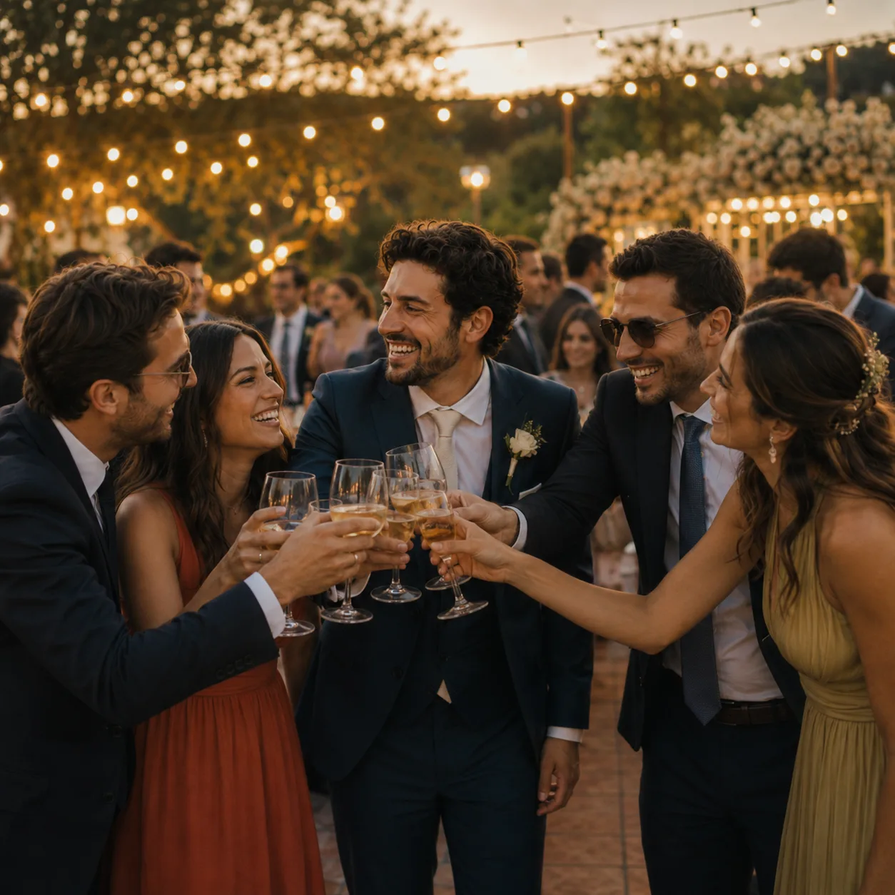 Amigos reunidos em uma festa de casamento.