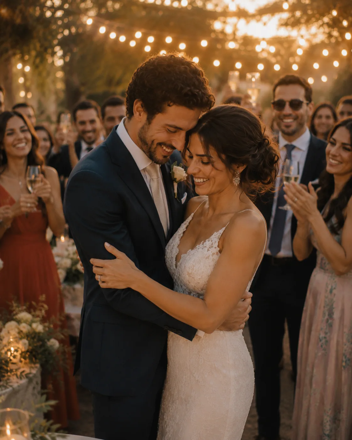 Convidados sorrindo durante a festa de casamento.