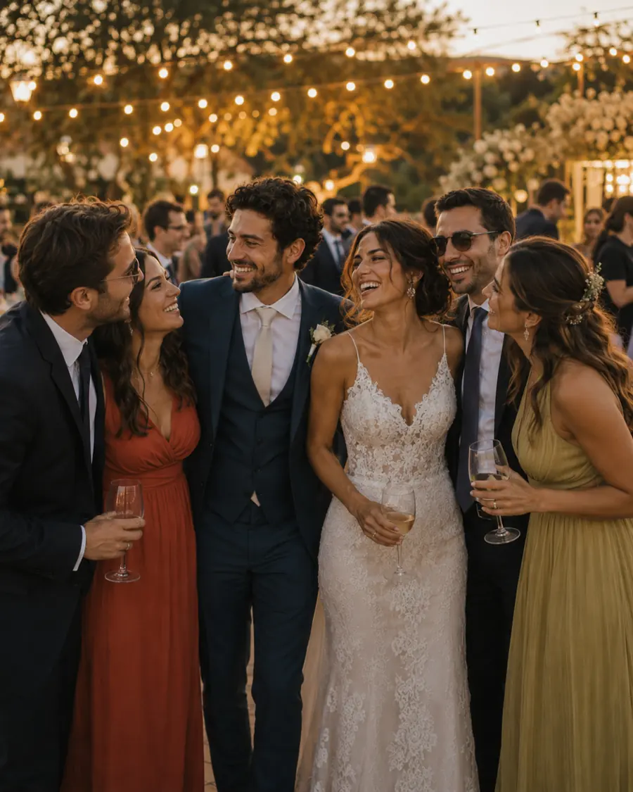 Noivos reunidos com convidados durante a festa.