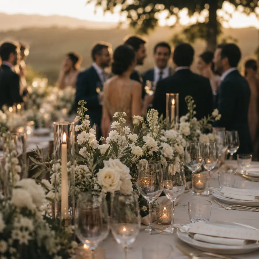 Mesa de casamento decorada ao pôr do sol.